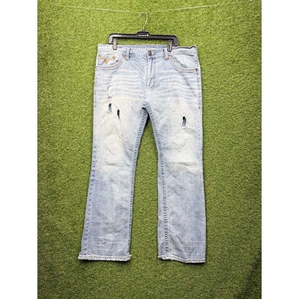 Affliction Jeans Mens 38 Light Wash Distressed Embroidered Standard Series y2k